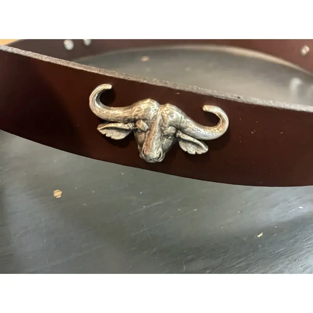 Brown Genuine Leather Belt with 4 Cape Buffalo Head Conchos Size 46